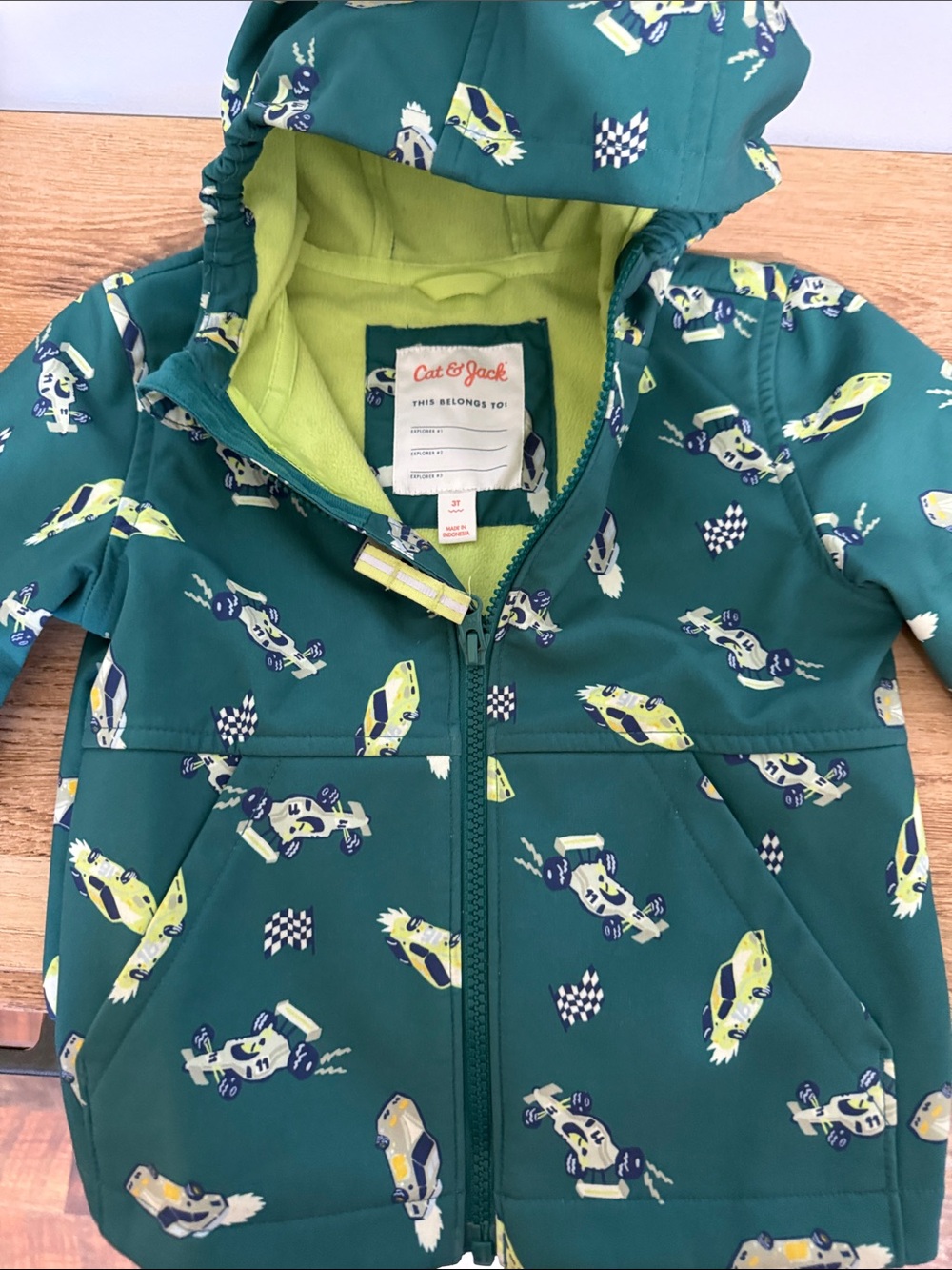 Cat & Jack Green Hooded Race Car Jacket with Lime Lining